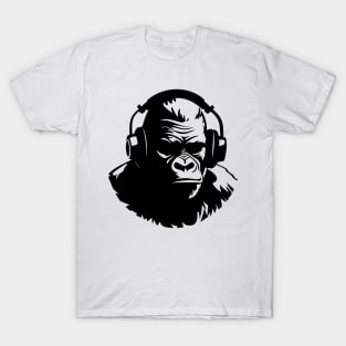 Funny Gorilla Wearing Headphones Silhouette Design T-Shirt